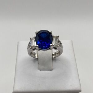 Sterling Silver Oval Cut Simulated Sapphire Baguette Round Ring 7